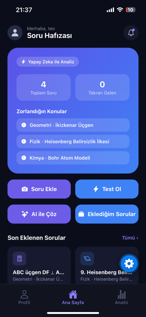Soru Hafızası ana sayfa ekranı: toplam soru ve zorlandığın konular